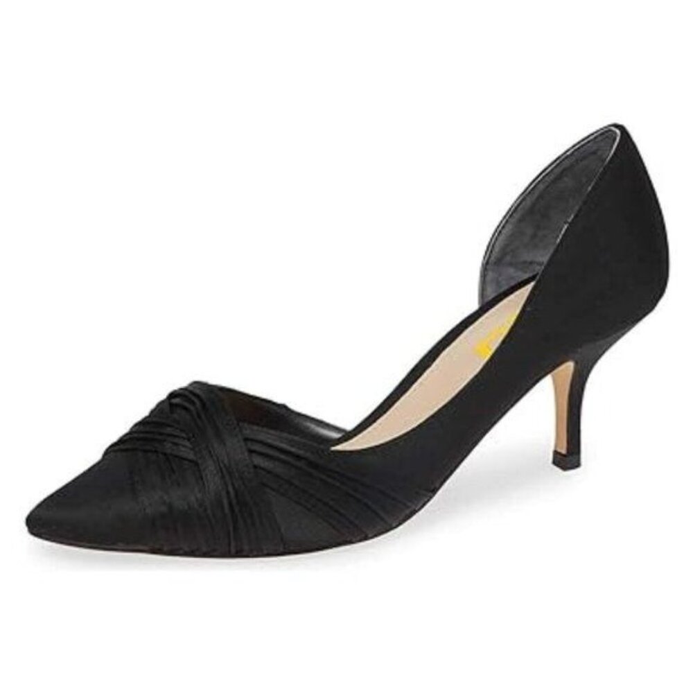 FSJ Women Low Kitten Heels Pointed Toe Slip on Pumps D'Orsay Pleated Satin